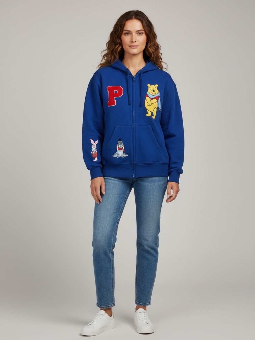 Disney Winnie they Pooh Navy Collegiate Varsity Patch Zip Hoodie Size S